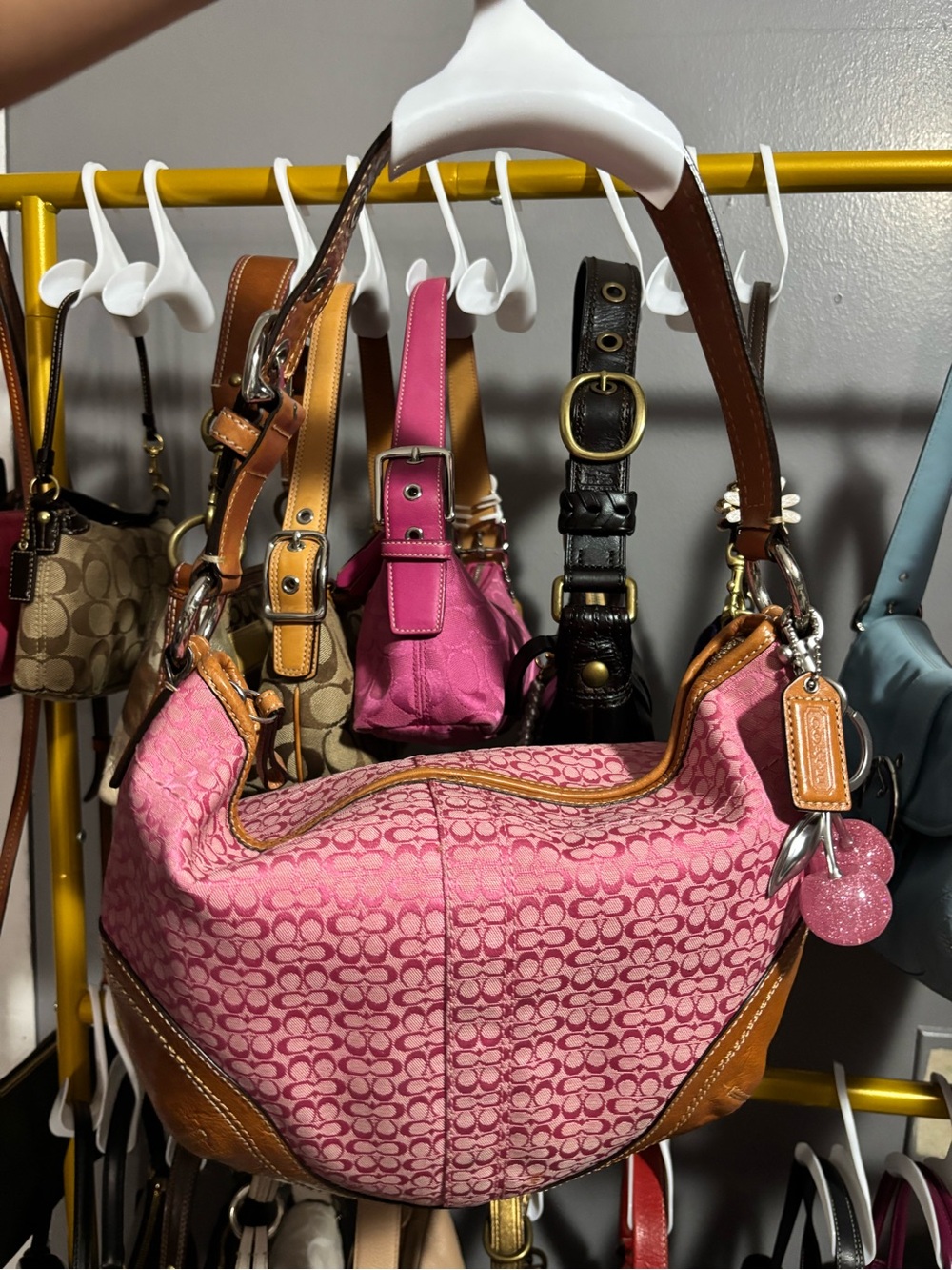 Coach Pink Signature Canvas Shoulder Bag with Tan Leather Trim - Picture 3 of 6